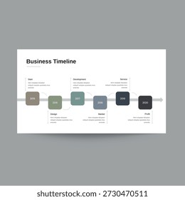 Profesional Línea de tiempo de negocios Plantilla de diapositivas de presentación diseñada para ilustrar los hitos de la empresa fases del proyecto Planes estratégicos y crecimiento del negocio a lo largo del tiempo. Ideal para presentaciones corporativas, presentaciones de lanzamiento, informes de planificación de proyectos, hojas de ruta y diapositivas de estrategias de negocios. Diseño moderno y limpio totalmente editable y adecuado para uso profesional y empresarial.