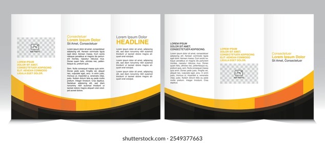 Profesional Business Tri-Fold Brochure: diseño A4 moderno con un elegante esquema de colores negro, blanco, naranja y amarillo. Totalmente editable en Illustrator. Formato de Vector listo para imprimir.