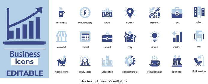 Professional business vector icons featuring finance, marketing, teamwork, analytics, strategy, and growth solutions