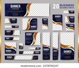 Professional business web ad banner template with photo place. Modern layout black background and gold shape and text design