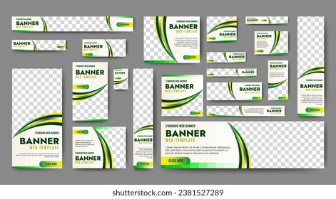 Professional business web ad banner template with photo place. Modern layout white background and green shape and text design	
