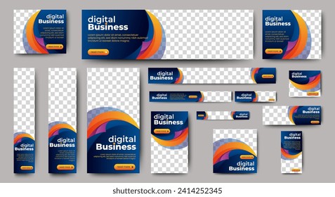 Plantilla de banner de anuncios web de negocios profesionales con foto-place. Diseño moderno de fondo azul y forma naranja y diseño de texto