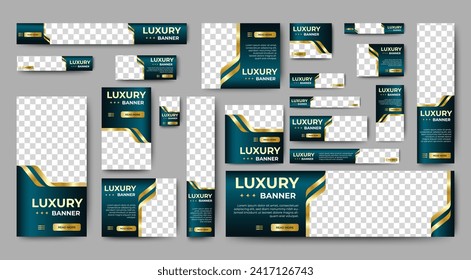 Professional business web ad banner template with photo place. Modern layout blue background and gold shape and text design