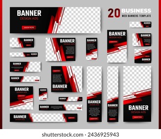 Plantilla de banner web de negocios profesional con lugar de fotos. Diseño moderno de fondo negro y forma roja y diseño de texto