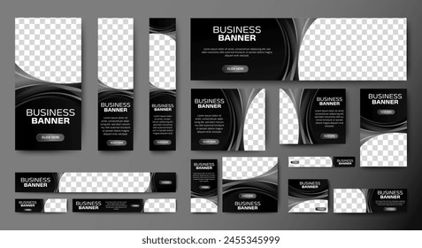 Professional business web ad banner template with photo place. Modern layout black background and text design	