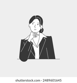 Professional business woman illustration thinking in business suit with hair tied career switch envy unhappy busy stressed out simple drawing