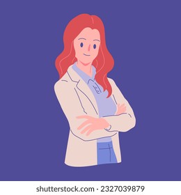 professional business woman long hair with happiness confidential energetic and trendy smiling with crossed arms flat outline hand drawn vector illustration