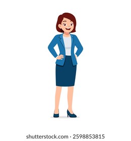 Professional Business Woman Standing Posing with Hands on Hips Smiling Optimistically in Blue Suit