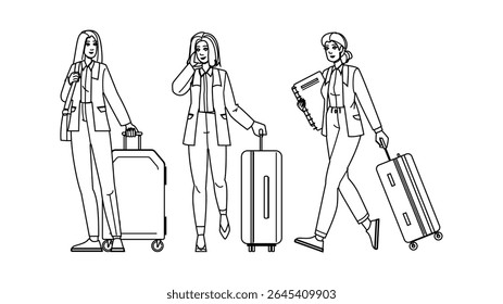 professional business woman suitcase vector. executive leadership, empowerment success, career confidence professional business woman suitcase character. people black line pencil drawing illustration