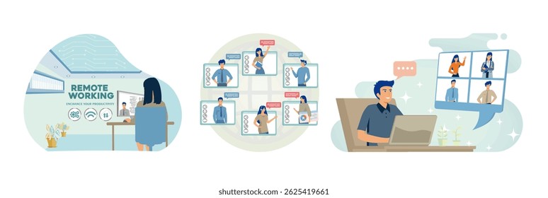 Professional business woman working from home and connecting online. Business team discussing and collaborating through virtual online platforms. Happy young man conducting a video conference. 