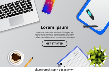 professional business work freelance concept banner header template with illustration of laptop top view and stationary
