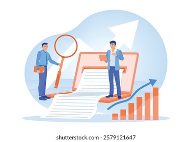 Professional businessman analyzing data with charts and documents. Graph growth and teamwork. Business Analysis Instruments concept. Flat vector illustration.