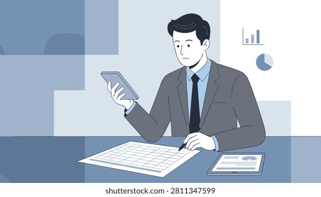 Professional businessman analyzing financial reports and planning schedule with calendar, smartphone, and digital tablet on his desk.