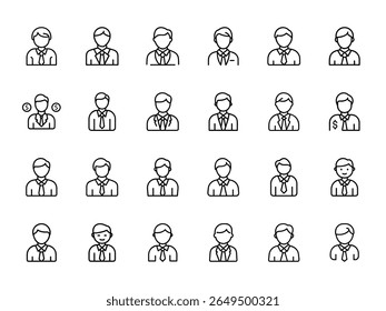 "Professional Businessman Avatar Line Icons Set – Minimal Outline Style Male User Profile Icons for Corporate, Finance, and Office Use"


