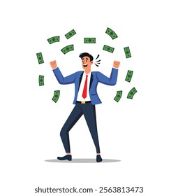 Professional businessman celebrating financial success, standing amidst flying dollar bills. Perfect for finance, wealth, investment, or success-related themes