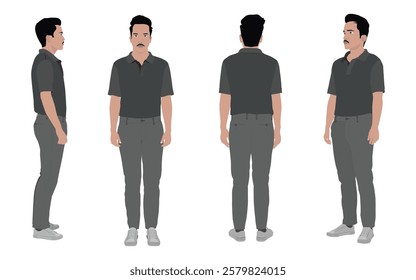 Professional businessman character design with realistic 2D animation, featuring various poses and angles for video and app use.