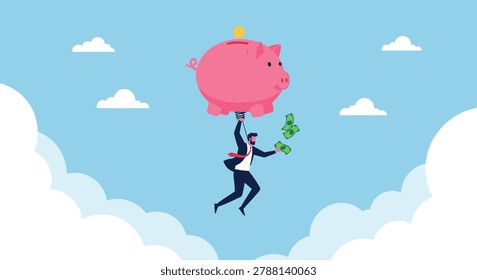 Professional businessman floating through the clouds while hanging onto a giant pink piggy bank being filled with a gold coin.