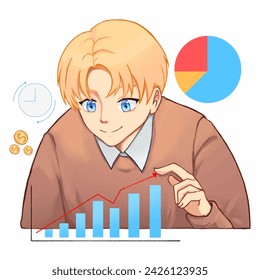 Professional businessman happily looks at the graph that grows according to the target he marked. Vector illustration