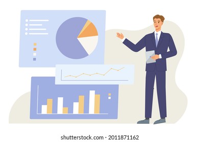 Professional Businessman Is Presenting Business Turnover Or  Profits Charts. Concept Of Office Meeting, Conference, Working, Company Strategy, Business And Finance. Flat Vector Illustration Character