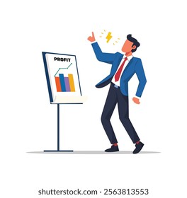 Professional businessman presenting profit charts with a confident pose, ideal for business, corporate growth, and financial presentation themes