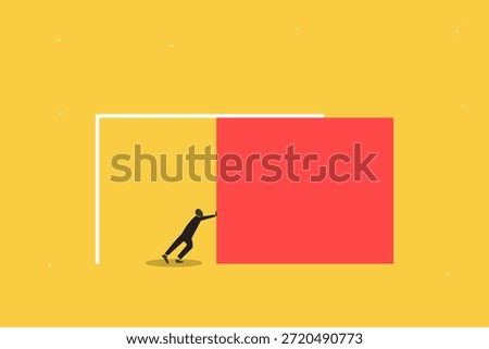 Professional businessman pushing a massive red block, symbolizing the overcoming of significant obstacles, market challenges, or the heavy lifting involved in a startup's growth phase