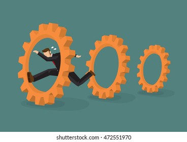 Professional businessman running through cog gears. Cartoon vector illustration on business metaphor isolated on plain background.