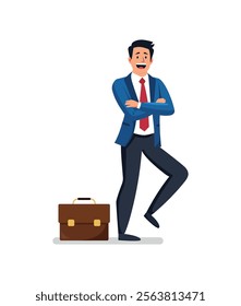 Professional businessman standing confidently with a briefcase, showcasing corporate attitude and determination. Ideal for business, corporate, and success themes