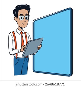 Empresário profissional em terno estrito posando ao lado do banner em estilo vetorial. Ideal para eventos empresariais formais, materiais de liderança e visuais promocionais.