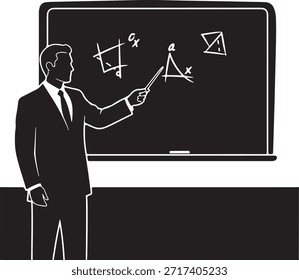 Um empresário profissional de terno explica conceitos matemáticos complexos em um quadro-negro, transmitindo experiência e conhecimento em um ambiente formal de escritório.