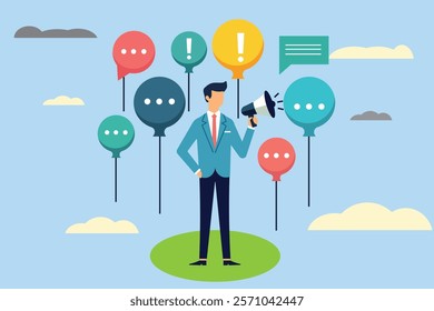 Professional businessman in a suit holding a megaphone, surrounded by vibrant speech bubbles with symbols like question marks. Ideal for communication, PR, and marketing concepts.