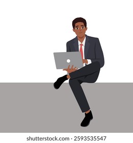Professional businessman in a suit and red tie sits comfortably while working on his laptop. Flat Vector character illustration