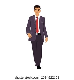 Professional businessman in a suit and red tie walking with confidence, charisma and success. Flat vector illustration isolated on white background