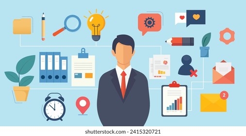 Professional Businessman Surrounded by Symbols of Productivity and Management Tools. Vector Illustration.