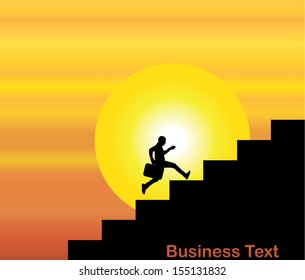 A professional businessMan taking success steps with the text business text with a bright orange evening sky with big yellow sun at sunrise or sunset in the background -  concept design vector art