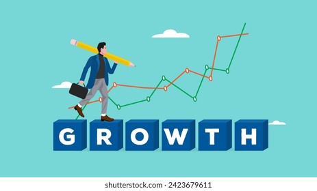 professional businessman walking on the growth box with business growth graph, business growth process with creative strategy, business and financial grow concept vector illustration with flat style