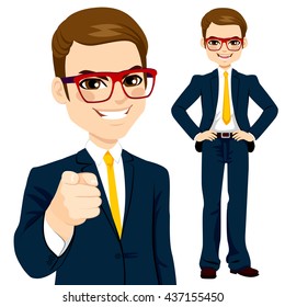 Professional businessman wearing suit and pointing finger