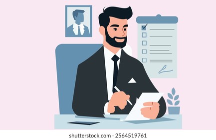 Professional businessman working at his desk, reviewing documents with a confident smile. Modern office setup with checklist and framed portrait in the background. Vector illustration for business, ma