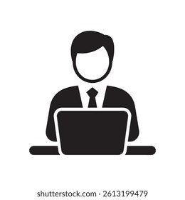 Professional Businessman Working on Laptop Icon for Corporate Work and Digital Productivity Editable Vector Illustration isolated on a white background