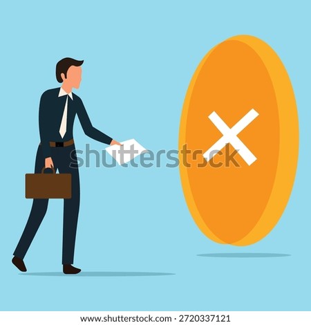 Professional businessman write resignation letter to quit job. Businessman with suitcase and rejection letter. Worker man leave workplace, quit job letter leave company. Vector illustration.