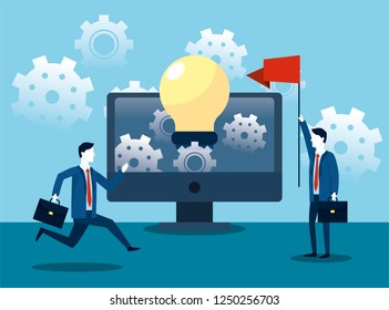 professional businessmen with computer and bulb idea