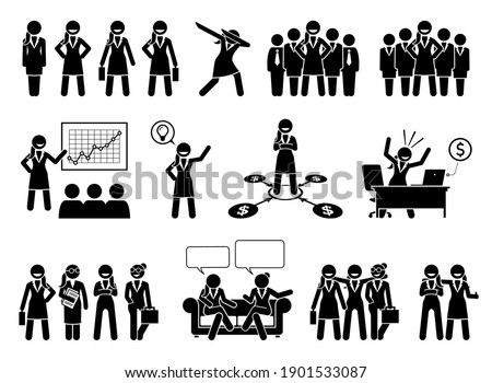 Professional businesswoman or business lady stick figures pictogram. Vector illustrations of successful business woman, female CEO, and girl corporate executives in a company.