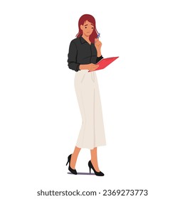 Professional Businesswoman Character Confidently Stands With A Clipboard And Pen In Hand, Symbolizing Competence, Organization And Readiness To Tackle Tasks In The Corporate World. Vector Illustration