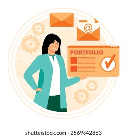 Professional businesswoman displaying a portfolio representing email communications and technical workflows, showcasing modern professional skills and connectivity in the business world. 