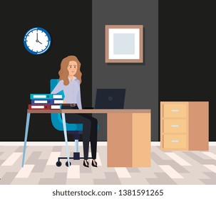professional businesswoman with laptop in the desk and books