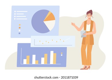 Professional Businesswoman Is Presenting Business Turnover Or  Profits Charts. Concept Of Office Meeting, Conference, Working, Company Strategy, Diagram Analysis. Flat Vector Illustration Character