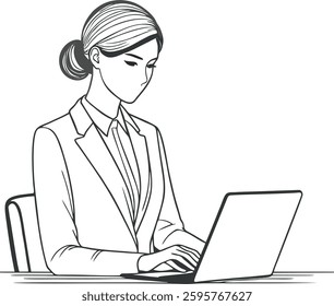  A professional businesswoman sitting at a desk, working on a laptop. Clean line-art style with smooth, minimal strokes.