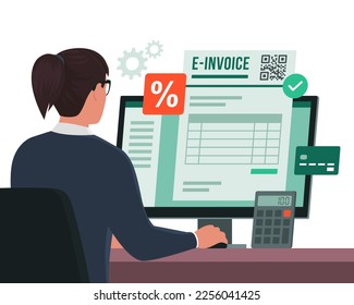 Professional businesswoman working with her computer, she is sending an e-invoice online