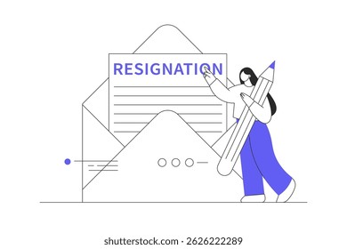 Professional businesswoman write resignation email with fountain pen career change quit job letter leave company. Flat Cartoon Vector Illustration, icon. Stylish abstract design landing page