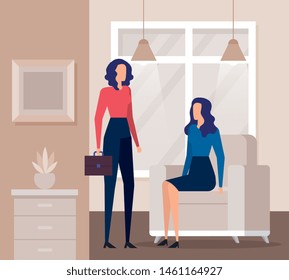 professional businesswomen with suitcase and chair with lights