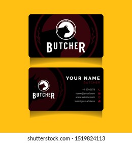 Professional Butcher business card with logo. Logo of Butcher on business card name. graphic design. Vector Illustration. white and black background. 